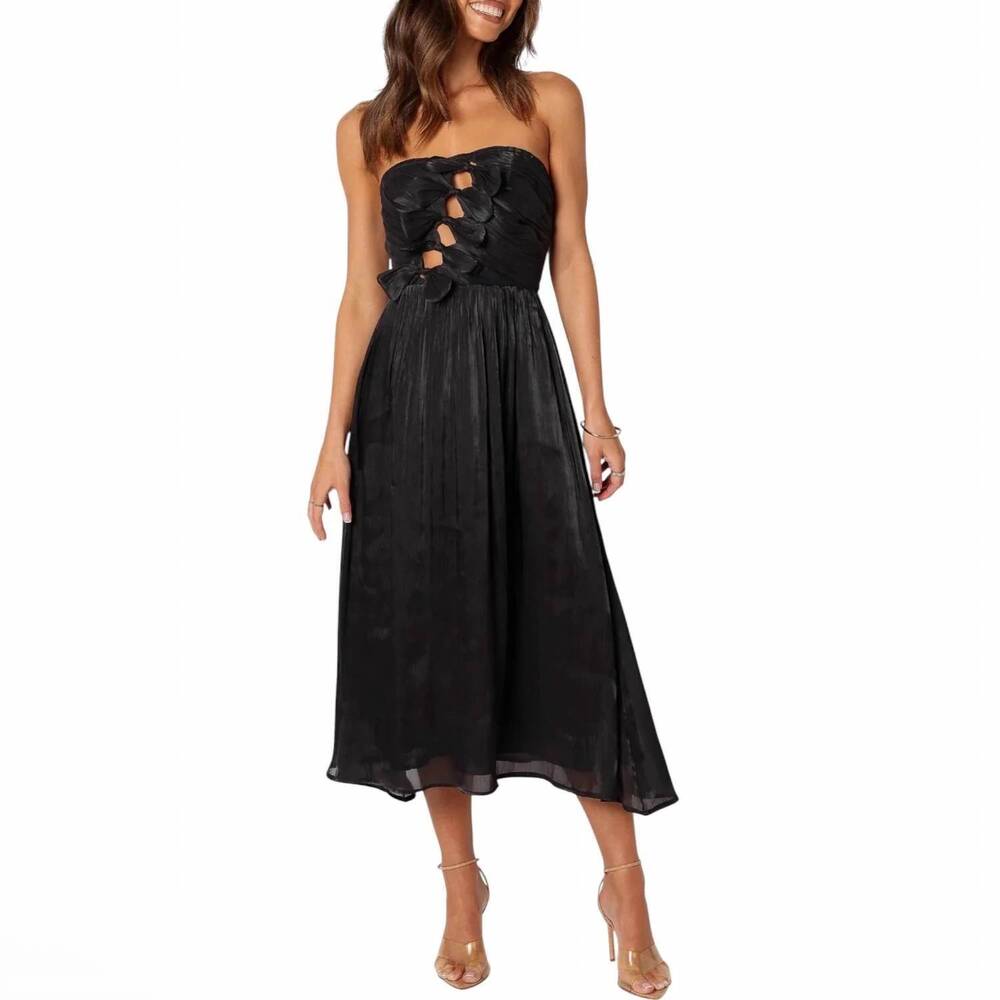 NEW PETAL & PUP mila strapless midi dress in black